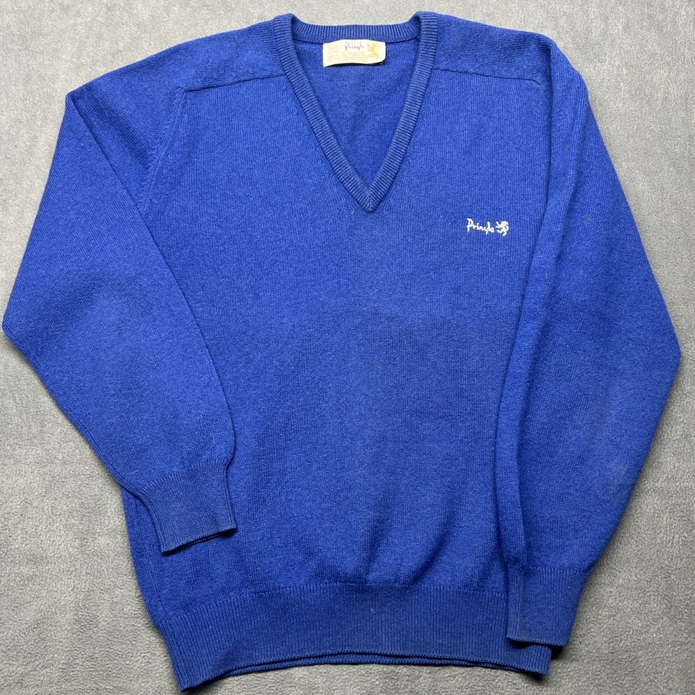 Vintage Pringle of Scotland V-Neck 100% Lambswool Sweater Blue Size 42 Lrg